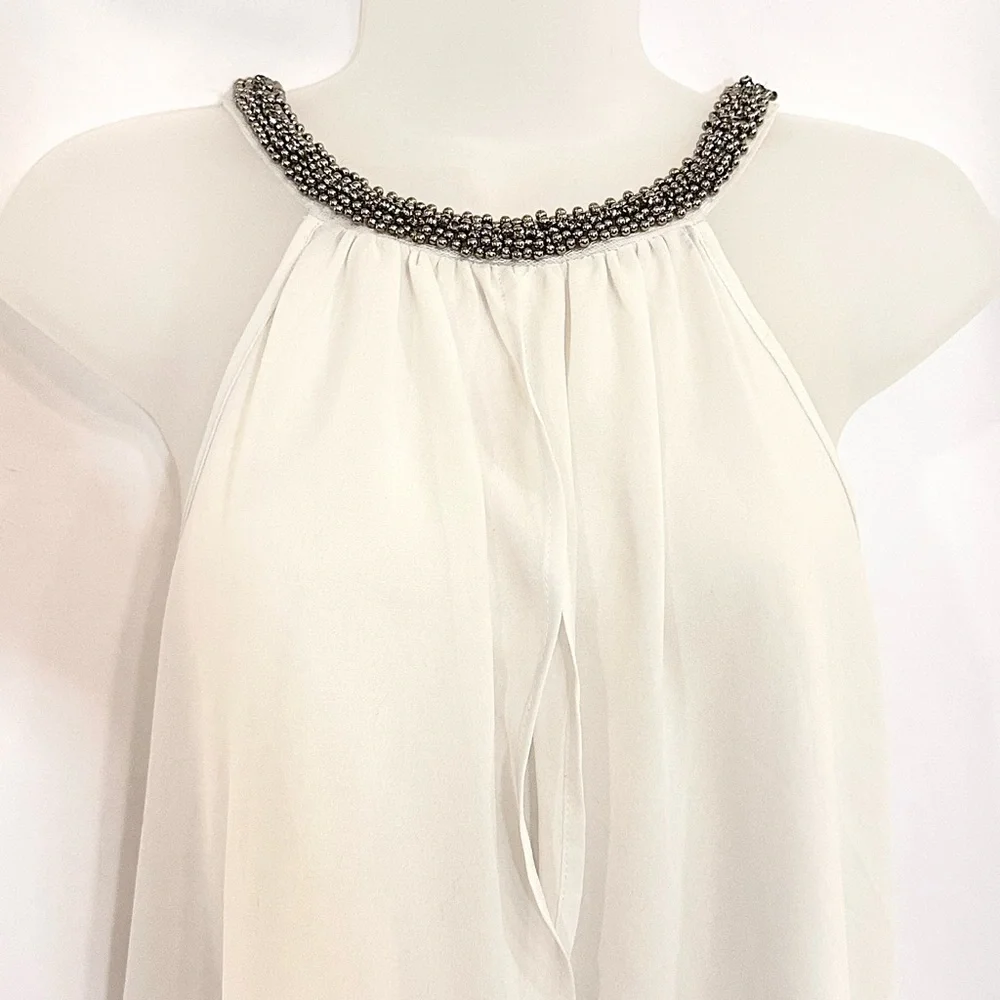 White Dressy Tank With Silver Beaded Neckline - Picture 2 of 6